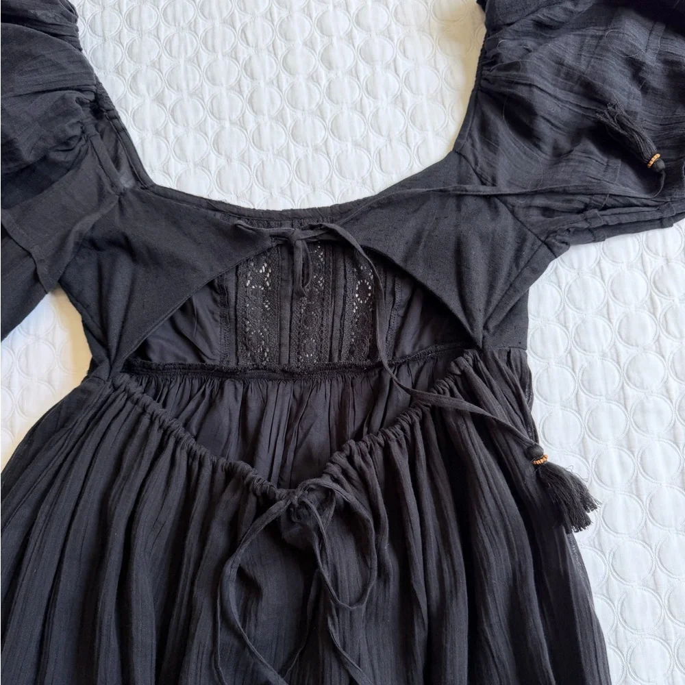 Free People Let’s Be Friends Black Summer Midi Dress Women’s Size S Puff Sleeve - Picture 12 of 16